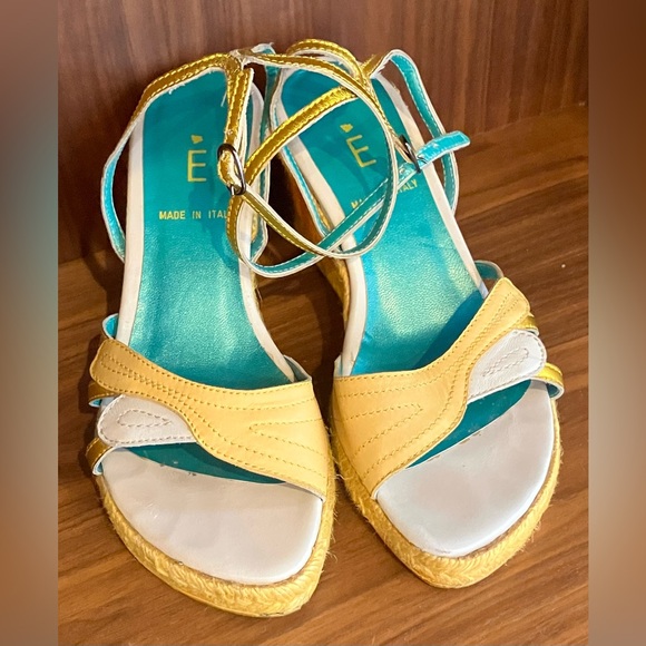 VTG E Made In Italy Colorblock Wedge Espadrilles Sz 37 Cream/Orange/Yellow/Gold - Picture 4 of 16